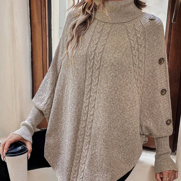 Khaki Casual Women's Turtleneck Batwing Sleeve Button Detail Poncho Sweater top - Picture 3 of 7
